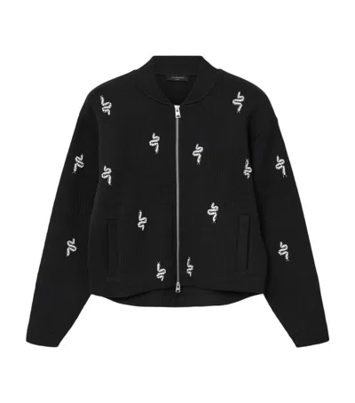 Allsaints Womens Black Rhea Snake-embellished Cotton-blend Bomber Jacket
