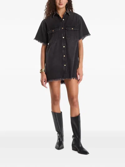 Allsaints Embellished-collar Frayed-edge Shirt Mini Dress In Black