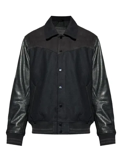 Allsaints Mens Black Endleton Contrast-panel Leather And Woven Bomber Jacket