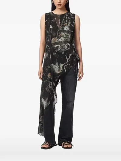 Allsaints Enola Graphic-print Asymmetric Blouse In Black