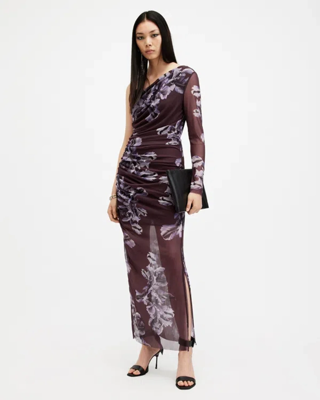 Allsaints Eris One Shoulder Mesh Floral Midi Dress In Monica Oxblood Red |  ModeSens
