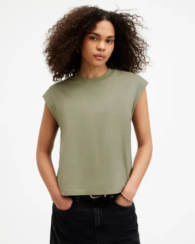 Allsaints Esme Crew Neck Faced Shoulder T-shirt In Green