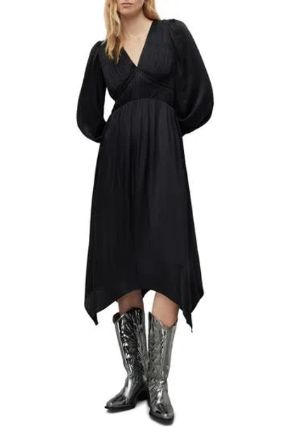 Allsaints Estelle Long Sleeve Asymmetric Hem Dress In Black