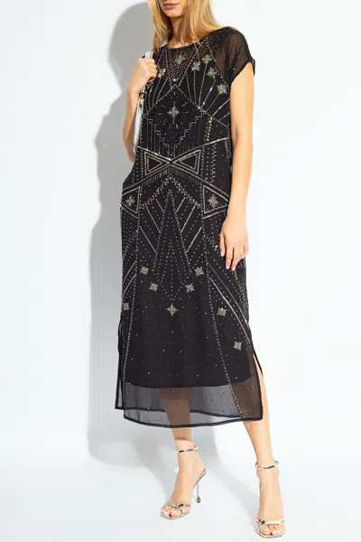 Allsaints Etta Embroidered Midi Dress In Black