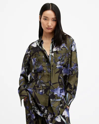 Allsaints Eve Floral Print Shirt In Deep Khaki Green