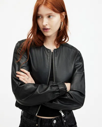 Allsaints Womens Black Everly Bomber Leather Jacket
