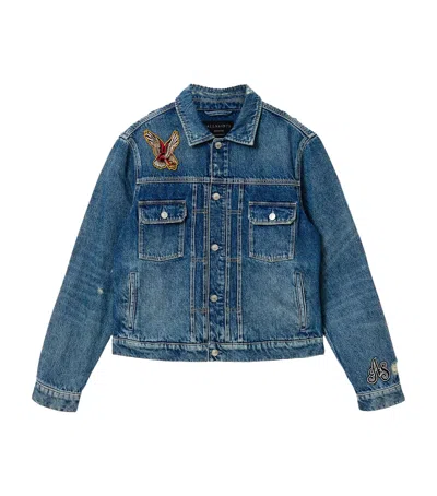 Allsaints Mens Washed Indigo Exile Bird-patch Denim Jacket Xl In Blue