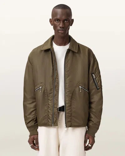 Allsaints Mens Khaki Brown Fallon Oversized Shell Bomber Jacket