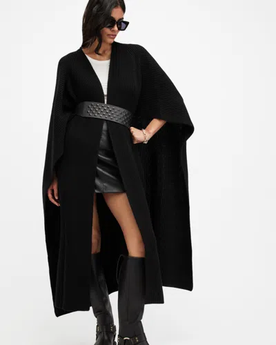Allsaints Farren Maxi Length Ribbed Ruana Scarf In Black