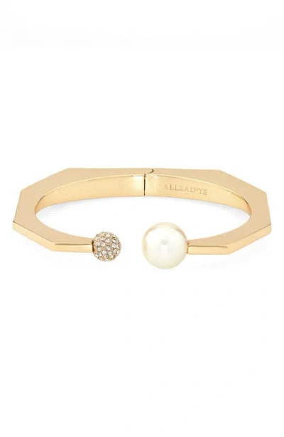 Allsaints Faux Pearl And Pavé Hinge Cuff In Gold