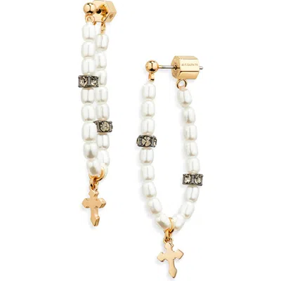 Allsaints Faux Pearl Bead Cross Loop Drop Earrings In Gold
