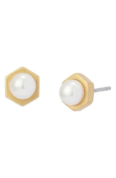 Allsaints Faux Pearl Stud Earrings In Gold