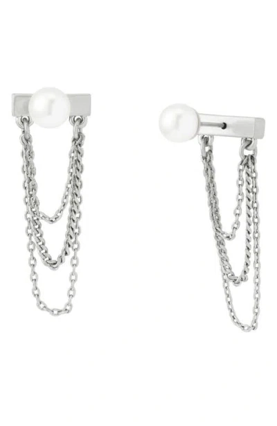 Allsaints Faux Pearl Swag Chain Front/back Earrings In Silver