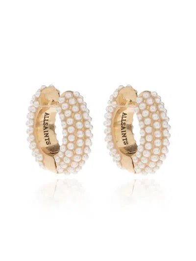 Allsaints Faux-pearl Embellished Hoop Earrings In Gold