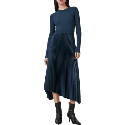 Allsaints Fay Asymmetric Long Sleeve Dress In Airforce Blue