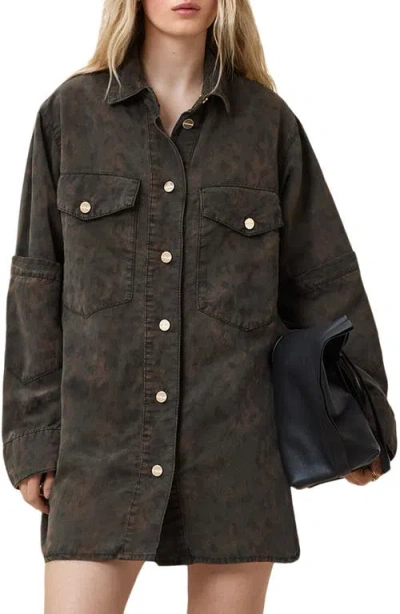 Allsaints Faye Long Sleeve Shacket Minidress In Styx Leopard Green