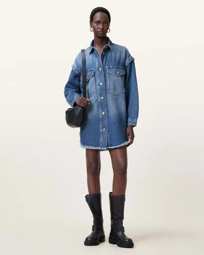 Allsaints Faye Oversized Denim Shacket Dress In Mid Indigo