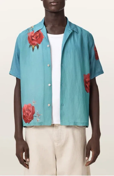 Allsaints Mens Anker Blue Fleur Faze Floral-print Linen-blend Shirt
