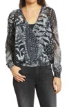 Allsaints Feather Long Sleeve Fara Stretto V-neck Wrap Blouse In Black In Black