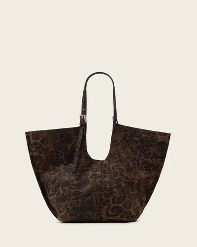 Allsaints Ara East West Leopard Print Suede Tote In Brown