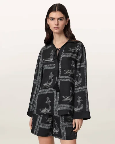 Allsaints Womens Waimea Black Lettie Graphic-print Pleated Woven Shirt In Multi