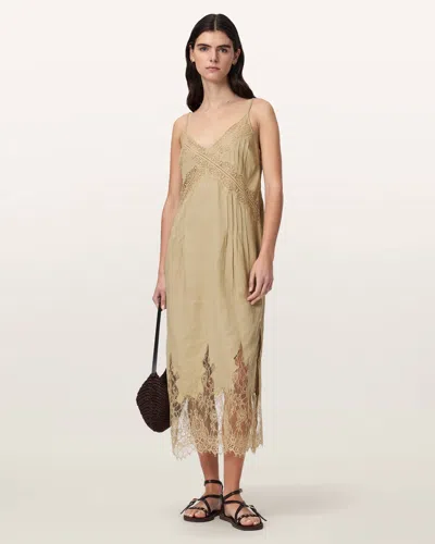 Allsaints Female Samia Linen Lace Midi Dress In Brown