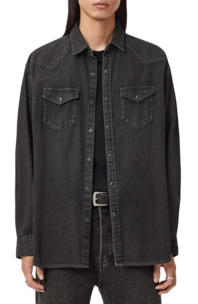 Allsaints Fenton Cotton Denim Snap-up Shirt In Black