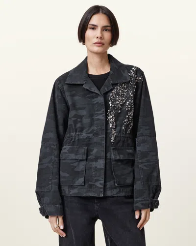 Allsaints Finch Camouflage Denim Jacket In Ink Blue