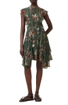 Allsaints Womens Adena Khaki Gr Fleur Floral-print Asymmetric-hem Woven Mini Dress