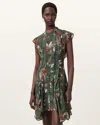 Allsaints Womens Adena Khaki Gr Fleur Floral-print Asymmetric-hem Woven Mini Dress