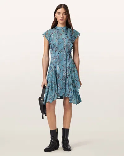 Allsaints Fleur Printed Asymmetric Mini Dress In Blue