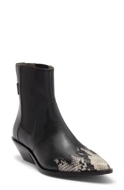 Allsaints Fleur Snake Embossed Pointed Toe Bootie In Black