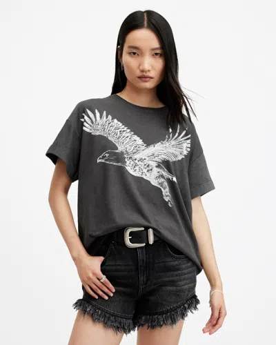 Allsaints Flite Briar Eagle Logo Acid Wash T-shirt In Acid Washed Black