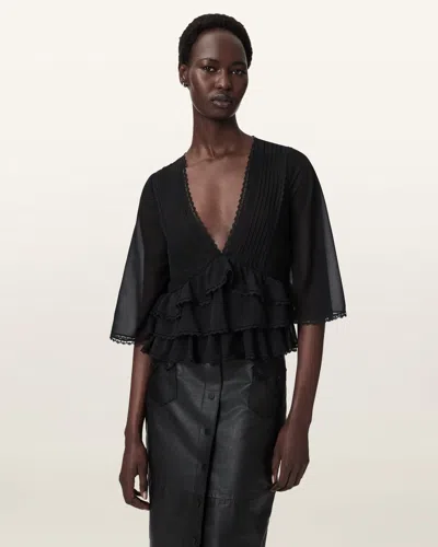 Allsaints Plunge Neck Tiered Ruffle Lace Trim Top In Black