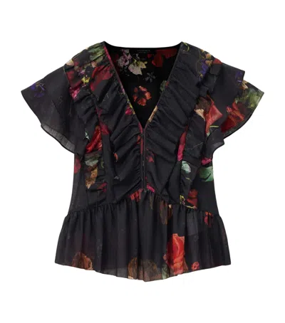 Allsaints Alma Ruffled Floral Top In Black