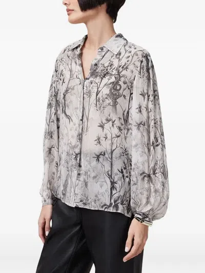 Allsaints Floral-print Balloon-sleeve Shirt In Gray