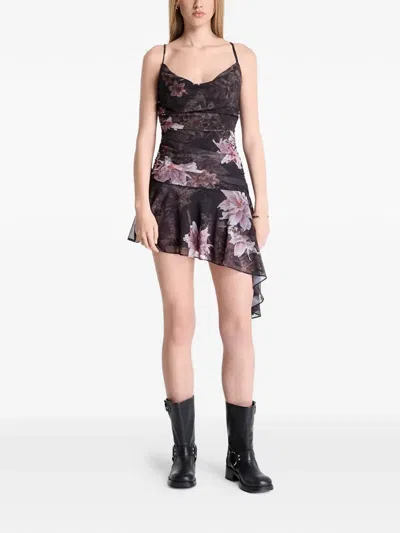 Allsaints Polyester Bea Asymmetric Mesh Mini Dress In Black
