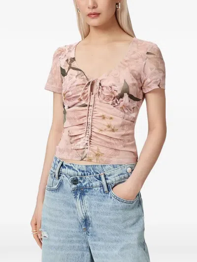 Allsaints Floral-print Ruched Slim Fit T-shirt In Pink