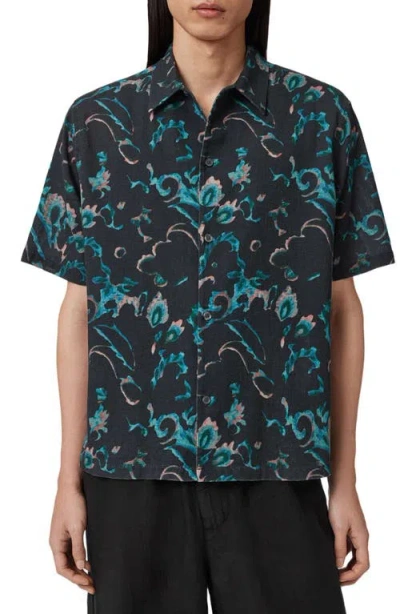 Allsaints Fortune Short Sleeve Linen Blend Boxy Shirt In Blue