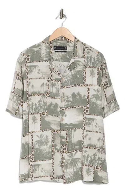 Allsaints Foto Short Sleeve Cotton Button-up Shirt In Green/white