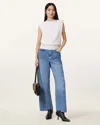 Allsaints Womens Light Indigo Fox Asymmetric-hem Wide-leg Denim Jeans In Light Indigo