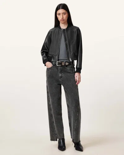 Allsaints Fox Asymmetric Hem Wide Leg Denim Jeans In Washed Black
