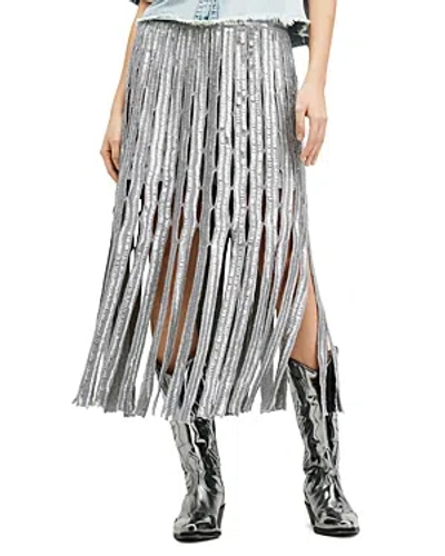 Allsaints Francessca Sequin Fringe Midi Skirt In Grey