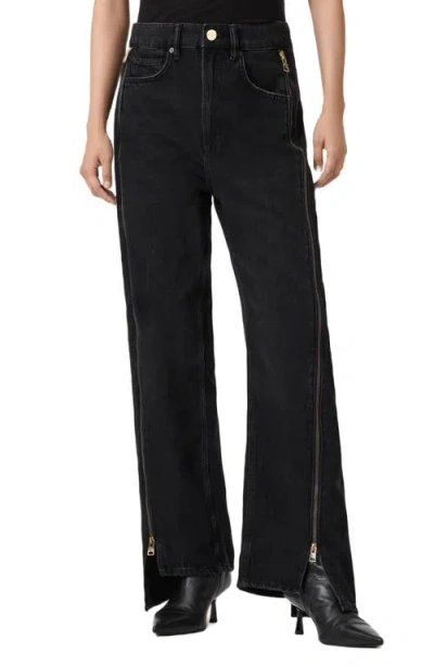 Allsaints Frankie Side Zip Detail Step Hem Wide Leg Jeans In Black