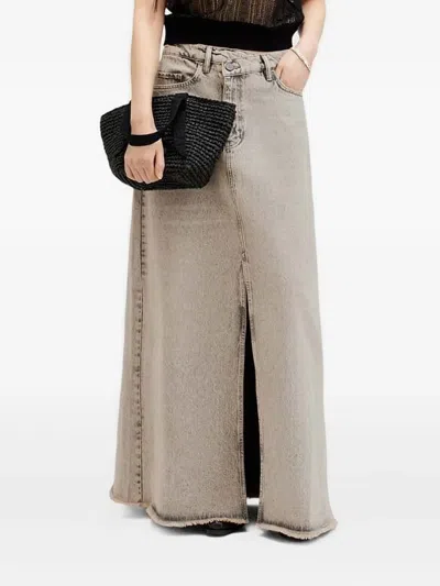 Allsaints Frayed Denim Front-split Maxi Skirt In Gray