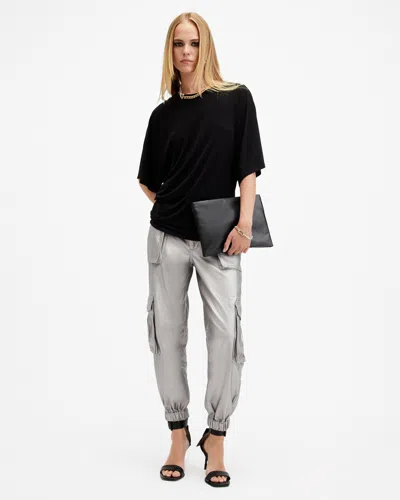 Allsaints Frieda Coated Denim Cargo Trousers In Sage Green