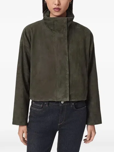 Allsaints Funnel-neck Suede Jacket In Green