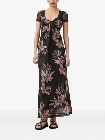 Allsaints Gabby Floral-print Drawstring Dress In Black