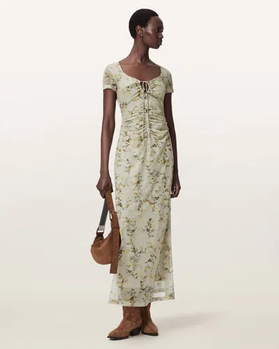 Allsaints Gabby Floral Print Mesh Maxi Dress In Neutral