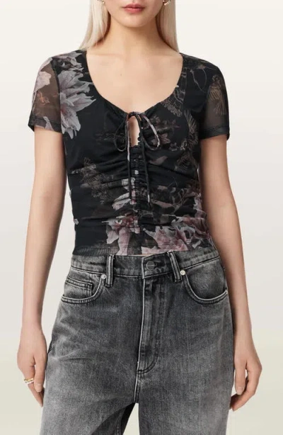 Allsaints Womens Crystal Black Gabby Floral-print Stretch-mesh Top